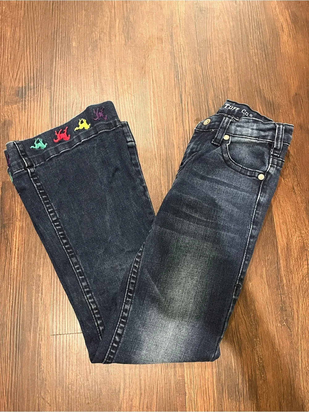 Cowgirl Tuff Dark Blue Flared Jeans with Multicolor Embroidered Horses Girls 8